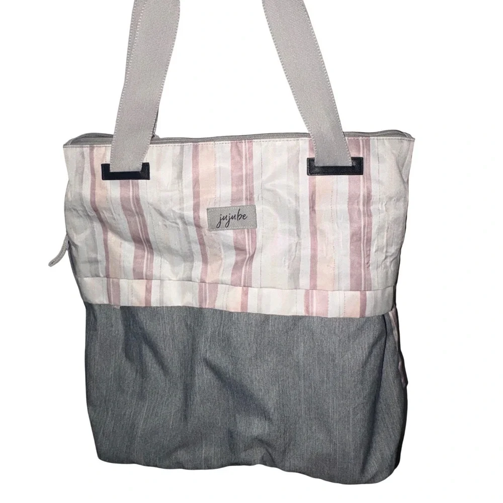 JuJuBe Diaper Bag Tote Pink Gray Striped Baby Bag Large Zip Top